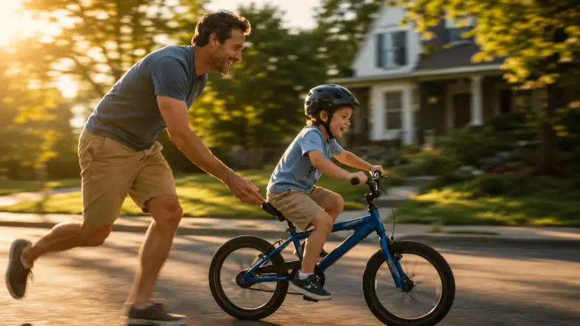 Create a photo of a father running alongside his young child who is learning to ride a bike, one hand steadying the back of the seat. Both have determined, joyful expressions. Capture them in motion with slight background blur to show movement. Shoot at hip height from the side with warm late-afternoon golden light. The background shows a tree-lined neighborhood street. The mood is encouraging, nostalgic, and warm. Use aspect ratio 16:9.