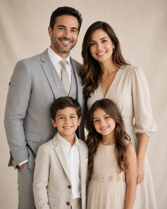 Create a photo of a father in a crisp light gray suit standing with his family, his wife beside him and two children in front, all coordinated in soft neutral tones. Everyone is smiling at the camera with relaxed posture. Shoot at eye level with soft studio-style lighting. The background is a clean, softly blurred cream backdrop. The mood is elegant, warm, and put-together. Use aspect ratio 4:5.
