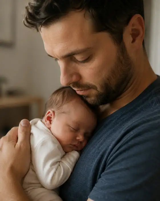Create a close-up photo of a father holding his baby against his chest. He is looking down with a calm, loving expression. Shoot at a close eye-level angle with soft, warm natural light. The background is a gently blurred neutral room. The mood is intimate, peaceful, and deeply tender. Use aspect ratio 4:5.
