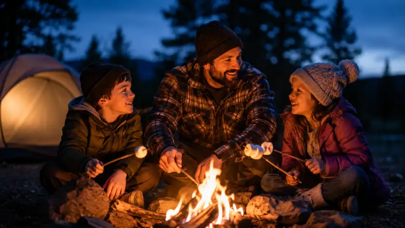 Create a photo of a father and his two kids sitting around a small campfire at dusk, roasting marshmallows on sticks. The dad is wearing a flannel shirt and a beanie, and the kids are bundled in cozy jackets. Shoot at eye level with warm firelight glowing on their faces. The background shows a blurred forest and a tent under a deep blue evening sky. The mood is adventurous, cozy, and warm. Use aspect ratio 16:9.