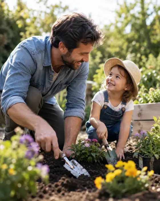 Create a photo of a father kneeling in a backyard garden with his young child, both planting flowers with small trowels and smiling at each other. The dad is wearing a rolled-sleeve chambray shirt and the child has a sun hat. Shoot at a low angle near the soil with soft morning light. The background shows a blurred green garden with raised beds. The mood is gentle, sunny, and heartwarming. Use aspect ratio 4:5.