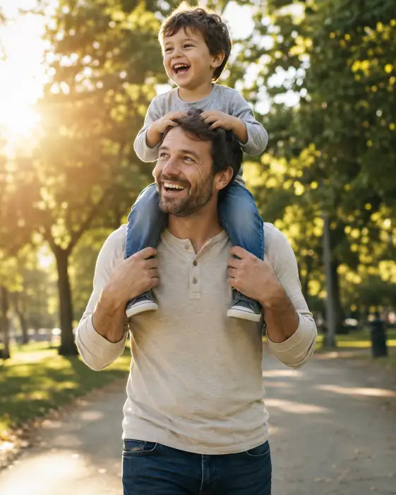 Create a photo of a father walking through a park with his young child sitting on his shoulders, the child holding onto his head and both laughing. He is wearing a casual henley shirt and jeans. Shoot from a slightly low angle with bright, warm afternoon light and soft lens flare. The background shows a blurred park with trees and a path. The mood is joyful, free, and playful. Use aspect ratio 4:5.