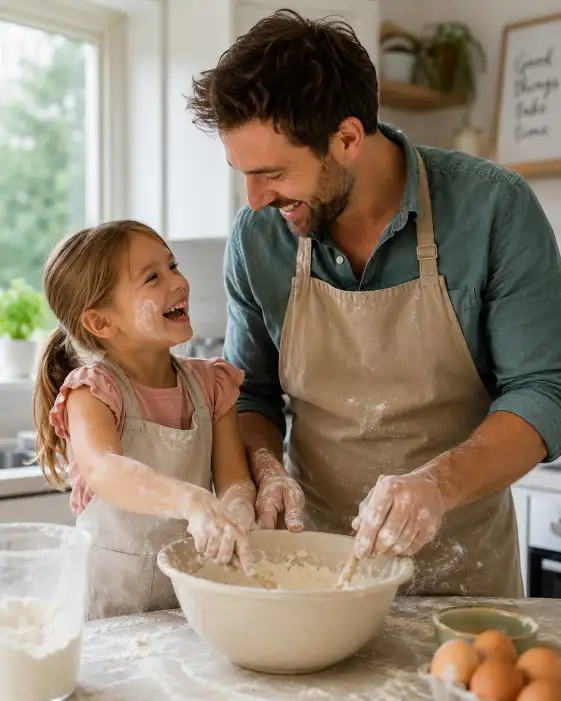 Create a photo of a father and his daughter cooking together in a bright kitchen, both wearing aprons and laughing as they mix batter in a bowl, a little flour dusted on their hands. The dad is in a casual shirt with rolled sleeves. Shoot at eye level with soft natural light from a kitchen window. The background is a clean, softly blurred home kitchen. The mood is warm, fun, and homey. Use aspect ratio 4:5.