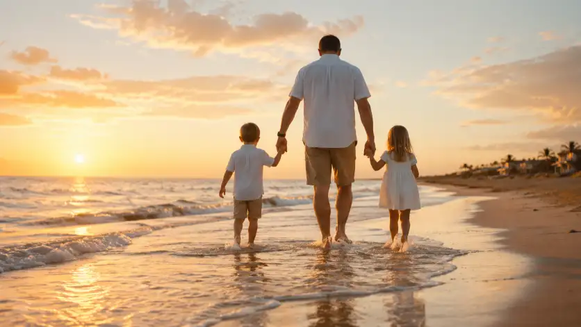 Create a photo of a father walking along the shoreline holding hands with his two young kids, all in casual beach outfits, the gentle waves washing over their feet. They are seen from behind walking toward the horizon. Shoot at a low angle with warm golden-hour light and soft ocean reflections. The background shows a calm sea and a soft sky. The mood is peaceful, nostalgic, and sunny. Use aspect ratio 16:9.