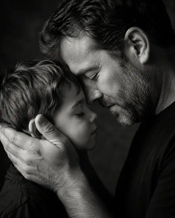 Create a black and white close-up portrait of a father gently holding his young child's face in both hands, their foreheads touching, both with peaceful eyes closed. He is wearing a plain dark shirt. Shoot at a close eye-level angle with soft, dramatic side lighting and rich contrast. The background is a softly blurred dark studio backdrop. The mood is emotional, intimate, and timeless. Use aspect ratio 4:5.