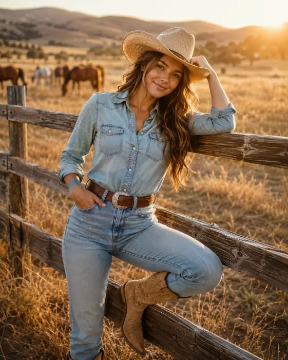 Create a warm golden-hour portrait of a young woman leaning against a weathered wooden ranch fence, one boot propped on the lower rail and her elbow resting on the top rail. She is wearing a fitted light-wash denim shirt tucked into high-waisted faded jeans, a brown leather belt with a silver buckle, and tan suede cowboy boots. A straw cowboy hat sits slightly tilted on her head. Her hair falls in loose waves over one shoulder and she has a soft, easy smile. The camera is at eye level, slightly angled. Behind her, a sprawling open ranch stretches into the distance with dry golden grass and a few horses grazing in soft focus. Warm amber light with a natural sun flare. Shot with a 50mm lens, shallow depth of field. Use aspect ratio 4:5.