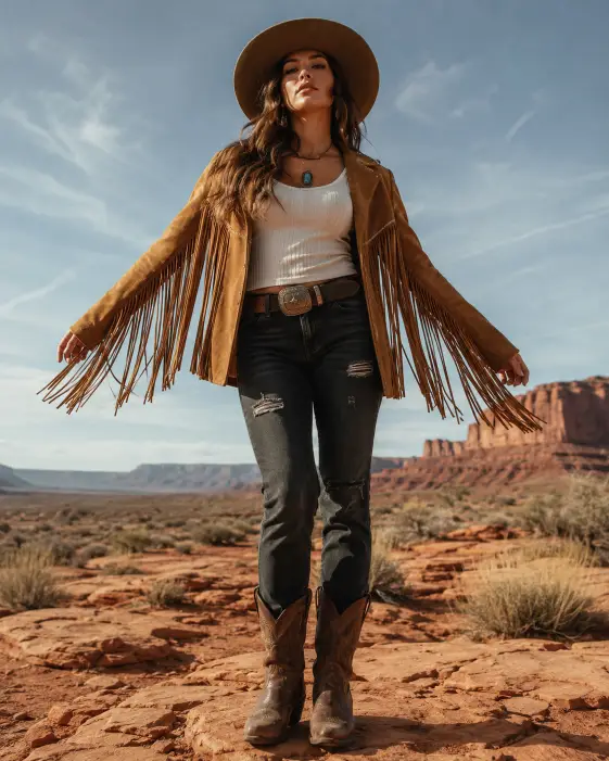 Create a photo of a young woman standing in the middle of a wide desert setting with her arms slightly away from her sides, showing off a tan suede fringe jacket. Underneath she wears a white ribbed tank top, dark distressed jeans, and worn brown leather boots, with a turquoise pendant necklace and a wide-brim felt hat. Her stance is confident with her weight on one hip and her chin slightly raised. The camera is at a slightly low angle, shooting up to give her a powerful presence. The background is an open desert with red rock formations, scattered shrubs, and a wide pale-blue sky. Warm sandy tones with strong natural daylight. Shot with a 35mm lens. Use aspect ratio 4:5.