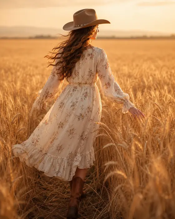 Create a photo of a young woman walking through a tall golden wheat field, captured mid-step with one hand gently brushing the tops of the wheat. She is wearing a flowy cream prairie dress with subtle floral detailing and long sleeves, paired with brown leather boots and a tan cowboy hat. Her hair flows loosely behind her in the breeze. The camera is positioned slightly low and behind her shoulder, following her movement. The background is an endless wheat field glowing under warm sunset light with a soft hazy horizon. Dreamy golden tones with a luminous, airy feel. Shot with an 85mm lens, soft focus edges. Use aspect ratio 4:5.