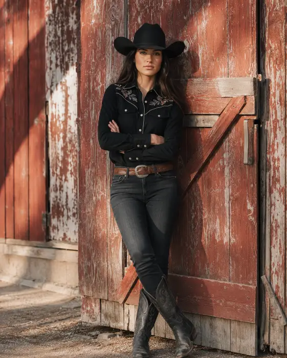 Create a photo of a young woman leaning one shoulder against a large weathered barn door, arms loosely crossed and one boot crossed over the other. She is wearing a black western shirt with pearl snap buttons and subtle embroidery, dark slim jeans, a brown leather belt, and black cowboy boots, with a black felt hat low over her brow. Her expression is calm and direct, looking straight into the camera. The camera is at chest height, shooting straight on. The background is a rustic red barn wall with peeling paint and soft shadows from the afternoon sun. Muted, warm earthy tones with an editorial feel. Shot with a 50mm lens, medium depth of field. Use aspect ratio 4:5.