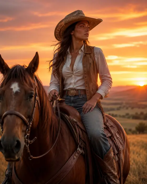 Create a photo of a young woman sitting confidently on a brown horse at sunset, one hand holding the reins and the other resting on her thigh. She is wearing a tan leather vest over a white blouse, faded jeans, and worn cowboy boots, with a straw hat shading her face. Her posture is upright and relaxed, and she is gazing toward the horizon. The camera is at a slightly low angle, capturing her silhouette against the glowing sky. The background is an open prairie with rolling hills and a dramatic orange and pink sunset. Warm cinematic tones with a soft natural glow. Shot with a 70mm lens, shallow depth of field. Use aspect ratio 4:5.