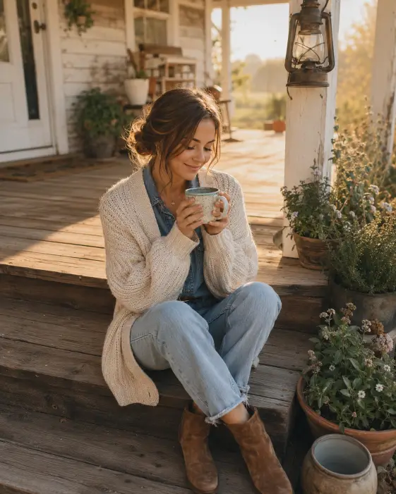 Create a cozy lifestyle photo of a young woman sitting on the wooden steps of a farmhouse porch, holding a warm mug with both hands. She is wearing an oversized cream knit cardigan over a denim shirt, light jeans, and brown ankle boots, with her hair in a loose low bun and a few strands framing her face. She is looking down into the mug with a peaceful smile. The camera is at a slightly elevated angle, shooting down gently. The background shows a rustic porch with potted plants, a hanging lantern, and soft morning light spilling across the wooden floor. Warm, soft, golden morning tones. Shot with a 35mm lens. Use aspect ratio 4:5.