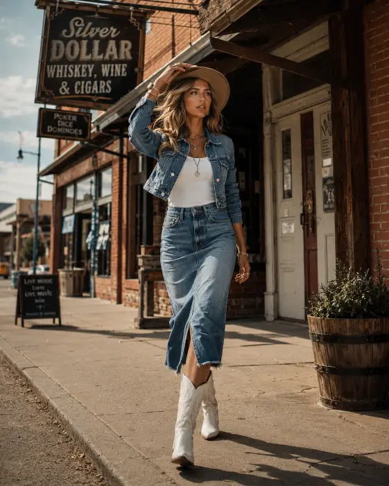 Create an editorial street-style photo of a young woman walking down a small-town main street wearing a full denim-on-denim outfit, a fitted denim jacket over a denim midi skirt with a white tank underneath. She pairs it with white cowboy boots, layered silver jewelry, and a tan felt hat. She is mid-stride with one hand adjusting her hat and a confident expression. The camera is at a slightly low angle, capturing motion. The background is a quiet old town street with brick storefronts, wooden signage, and warm afternoon light. Slightly desaturated, stylish editorial color grading. Shot with a 35mm lens. Use aspect ratio 4:5.