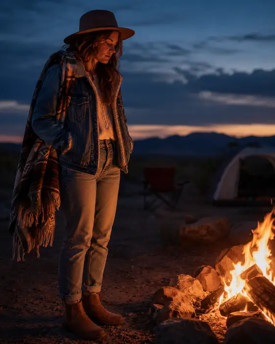 Create a photo of a young woman standing near a small campfire at dusk, hands tucked into the pockets of her jacket as she looks into the flames. She is wearing a shearling-lined denim jacket, a cream sweater, faded jeans, and brown boots, with a felt hat and a wool blanket draped over one shoulder. Her expression is calm and warm in the firelight. The camera is at eye level, slightly to the side. The background is a dusky open campsite with a deep blue sky, distant hills, and the glow of the fire lighting her face. Warm firelight against cool evening tones. Shot with a 50mm lens, shallow depth of field. Use aspect ratio 4:5.