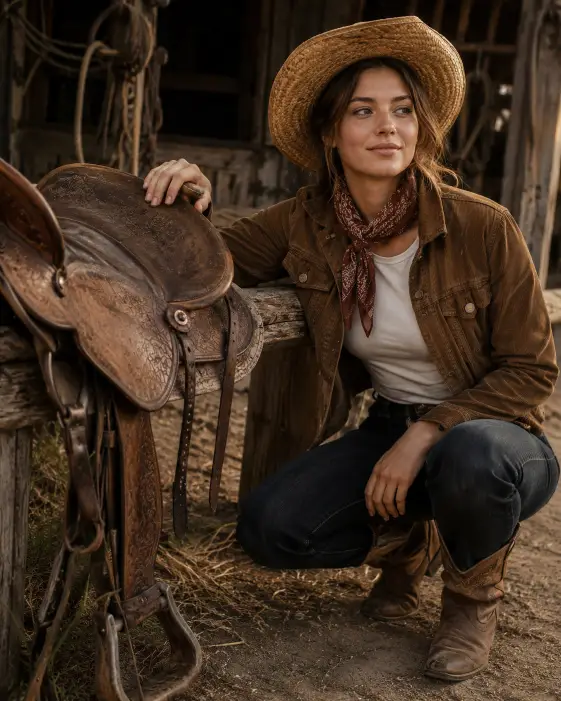 Create a photo of a young woman crouching beside a vintage leather saddle resting on a wooden fence, one hand on the saddle and the other on her knee. She is wearing a fitted brown corduroy jacket, a white tee, dark jeans, and worn cowboy boots, with a straw hat and a bandana tied loosely around her neck. Her expression is thoughtful with a slight smile, looking off-camera. The camera is at a low angle near the saddle, slightly tilted. The background is a rustic stable area with hanging ropes, weathered wood, and soft warm light. Rich, warm earthy tones with detailed leather texture. Shot with a 50mm lens. Use aspect ratio 4:5.