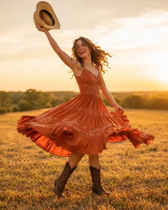 Create a photo of a young woman twirling in an open field wearing a flowing western-style dress, the skirt fanning out with the spin. The dress is a warm rust color with subtle floral embroidery and a fitted bodice, paired with brown cowboy boots and a straw hat held in one raised hand. Her hair is caught in motion and she is laughing freely. The camera is at hip level, capturing her full body with slight motion blur on the skirt. The background is a golden open meadow with distant trees and a warm setting sun. Bright, airy, luminous tones with a joyful mood. Shot with a 50mm lens, fast shutter with intentional movement. Use aspect ratio 4:5.