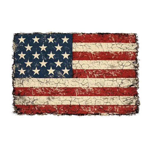Create a t-shirt graphic of a distressed American flag with a vintage, weathered texture and a faded paint look. The stars and stripes have a cracked, grungy finish in muted red, off-white, and navy blue. The design is centered and slightly rectangular, sized to sit well across the chest of a heather gray shirt. Keep the background transparent. Use a retro Americana print style with rough screen-print edges. Use aspect ratio 1:1.