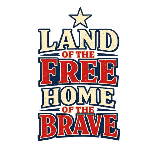 Create a t-shirt typography graphic with the bold phrase "Land of the Free, Home of the Brave" stacked in a vintage serif and slab font mix. The lettering is in cream and red with a thin navy outline, and a small distressed star sits above the text. The layout is centered and balanced, sized for the front of a navy t-shirt. Keep the background transparent. Use a classic Americana poster style with subtle ink texture. Use aspect ratio 1:1.
