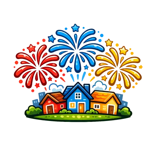 Create a playful cartoon t-shirt graphic of three colorful firework bursts in red, blue, and gold popping above a small skyline of houses. The style is clean and rounded with thick outlines and flat colors, like a modern sticker illustration. The composition is centered and cheerful, sized for a white kids' t-shirt. Keep the background transparent. Use a bright, friendly cartoon style. Use aspect ratio 1:1.