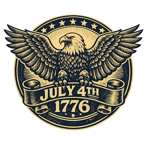 Create a vintage emblem t-shirt graphic of a proud bald eagle with spread wings perched above a banner that reads "July 4th 1776." The design uses a two-tone tan and dark navy color scheme with fine line detailing and a circular badge layout. Small stars frame the top edge. The composition is centered and symmetrical, sized for the chest of a cream shirt. Keep the background transparent. Use a retro letterpress emblem style. Use aspect ratio 1:1.