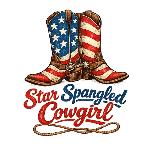 Create a t-shirt graphic of a pair of cowboy boots decorated with the American flag pattern, set above the curved text "Star Spangled Cowgirl." The boots are illustrated in red, white, and blue with a hand-drawn vintage look, and a small rope swirl underlines the text. The layout is centered, sized for a tan or sand colored shirt. Keep the background transparent. Use a country western Americana style. Use aspect ratio 1:1.