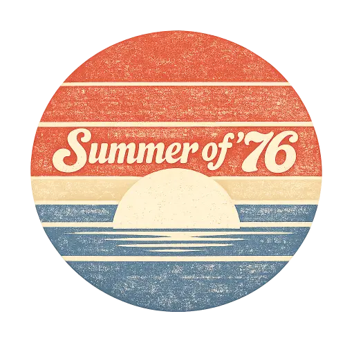 Create a retro t-shirt graphic of a stylized red, white, and blue sunset made of horizontal stripes, with a half-circle sun on the horizon. Inside the design, thin text reads "Summer of '76" in a groovy 70s font. The color palette is faded red, cream, and dusty blue. The composition is a clean circle badge, sized for the chest of a butter yellow shirt. Keep the background transparent. Use a vintage 1970s sunset poster style. Use aspect ratio 1:1.