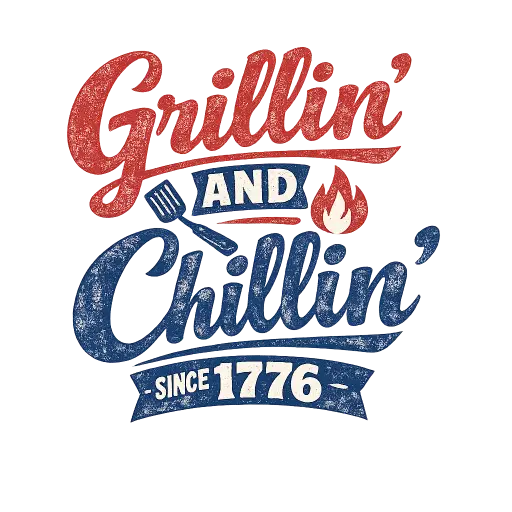 Create a funny t-shirt typography graphic with the phrase "Grillin' and Chillin' Since 1776" arranged in a bold vintage script and block font combo. A small line-art illustration of a spatula and a flame sits between the words. The colors are weathered red and navy on a transparent background, sized for the front of a white shirt. Use a retro barbecue Americana style with light grunge texture. Use aspect ratio 1:1.