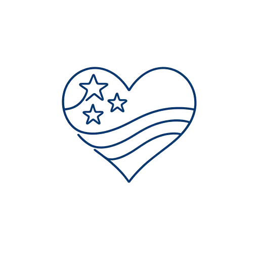Create a minimalist t-shirt graphic of a small heart shape filled with thin line-art stars and stripes, drawn in a single continuous line style. The design is compact and sits as a left-chest pocket graphic, using only navy ink. Keep the background transparent and the lines clean and even. Use a modern minimalist line-art style. Use aspect ratio 1:1.