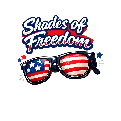 Create a t-shirt graphic of a pair of retro sunglasses with American flag patterned lenses, tilted at a slight angle. Above them, bold text reads "Shades of Freedom" in a casual handwritten font. The colors are vivid red, white, and blue with a clean cartoon finish. The layout is centered, sized for the chest of a black shirt. Keep the background transparent. Use a bright, modern illustration style. Use aspect ratio 1:1.
