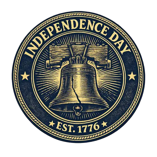 Create a vintage badge t-shirt graphic of the Liberty Bell at the center, surrounded by a circular border that reads "Independence Day Est. 1776" with small stars between the words. The design uses a muted gold and navy two-tone palette with fine engraved-style line work. The composition is a centered circle, sized for a cream shirt. Keep the background transparent. Use an antique engraving emblem style. Use aspect ratio 1:1.