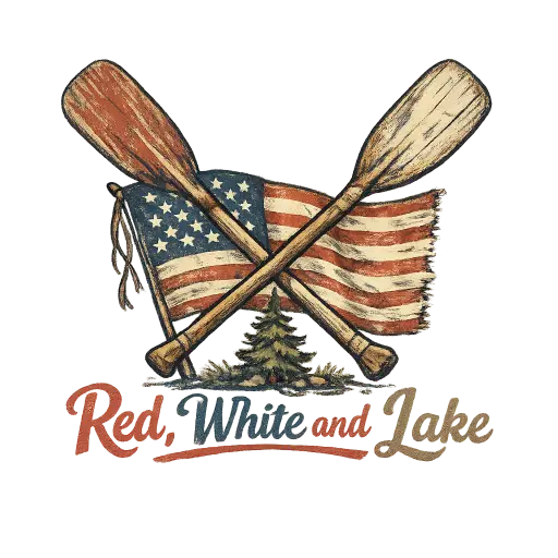 Create a t-shirt graphic of a vintage canoe paddle crossed with an American flag, set above the curved text "Red, White and Lake." The illustration uses faded blue, red, and tan tones with a hand-drawn outdoors feel, and a small pine tree sits at the base. The composition is centered, sized for a forest green shirt. Keep the background transparent. Use a rustic lake-house Americana style. Use aspect ratio 1:1.