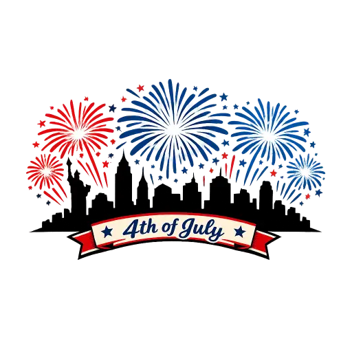 Create a t-shirt graphic of a black silhouette city skyline with bursting red, white, and blue fireworks above it. The fireworks are drawn in a clean vector style with radiating sparks, and a thin banner below reads "4th of July." The composition is horizontal and centered, sized for the chest of a white shirt. Keep the background transparent. Use a crisp vector illustration style. Use aspect ratio 1:1.