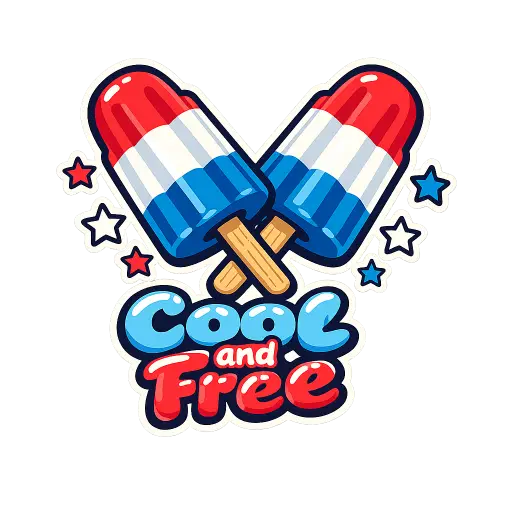 Create a playful t-shirt graphic of two red, white, and blue striped popsicles crossed in an X shape, with a few small stars scattered around them. The style is clean and cartoonish with thick outlines and flat colors. Below them, text reads "Cool and Free" in a rounded bubble font. The composition is centered, sized for a pink or mint shirt. Keep the background transparent. Use a fun summer sticker style. Use aspect ratio 1:1.