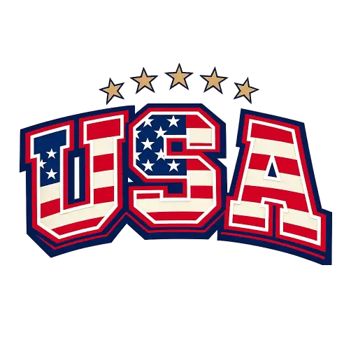 Create a t-shirt graphic of the large varsity-style letters "USA" filled with a subtle American flag pattern and outlined with a thick navy and red border. A small group of stars arcs over the top of the letters. The design is bold and centered, sized to span the chest of a heather gray shirt. Keep the background transparent. Use a retro collegiate athletic style. Use aspect ratio 1:1.