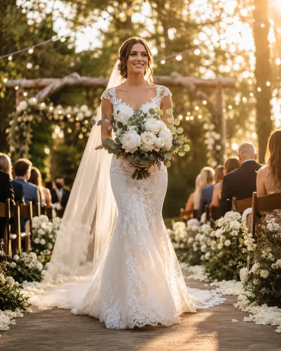 Create a wedding photo of a bride walking down an outdoor aisle, captured from a low angle in front of her. She is wearing a fitted lace mermaid gown with delicate cap sleeves and a cathedral-length veil trailing behind her, holding a lush bouquet of white peonies and eucalyptus. Her expression is joyful with a soft smile, eyes looking ahead. The aisle is lined with wooden chairs, white florals, and seated guests blurred on either side. Behind her, a rustic wooden arch stands under a canopy of string lights. Warm golden hour light streams in from the side, creating a glowing halo around her. Shot with a 35mm lens, cinematic depth. Use aspect ratio 4:5.