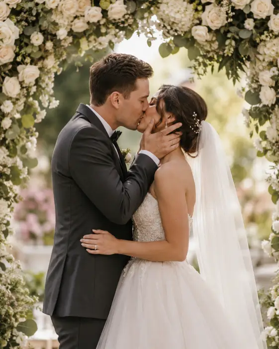 Create a romantic wedding photo of a couple sharing their first kiss at the altar, the groom gently holding the bride's face with both hands. He is in a charcoal gray tuxedo with a black bow tie, and she is in a strapless ballgown with a sweetheart neckline and a sparkling beaded bodice. They are standing under a floral arch overflowing with white roses and greenery. The camera is positioned slightly to the side at eye level, capturing the kiss in profile. Soft, diffused natural light fills the scene with a blurred outdoor garden behind them. Warm romantic tones with creamy bokeh. Shot with an 85mm lens. Use aspect ratio 4:5.