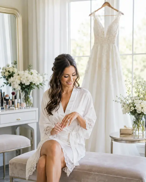 Create a soft, candid photo of a bride getting ready in a bright bridal suite, sitting on a velvet bench in front of a large window. She is wearing a white silk robe with her hair half-styled, looking down at her engagement ring with a gentle smile. Her wedding gown hangs on a wooden hanger in the soft-focus background near the window. The room is decorated with fresh white flowers, a vanity with makeup, and flowing sheer curtains. Soft natural morning light pours in from the window, creating a clean and airy atmosphere. The camera is at eye level, slightly wide framing. Bright, fresh, editorial tones. Shot with a 35mm lens. Use aspect ratio 4:5.