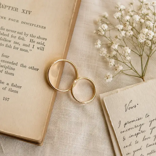 Create a close-up detail wedding photo of two gold wedding bands resting on an open page of a vintage book beside a sprig of baby's breath and a folded handwritten vow card. The rings catch the light with a soft sparkle, one slightly larger than the other. The camera is positioned directly above in a flat lay overhead perspective. Warm, soft window light illuminates the scene from one side, casting gentle shadows. The surface is a textured cream linen cloth. Clean, minimal, romantic styling with shallow depth of field on the rings. Shot with a macro lens. Use aspect ratio 1:1.
