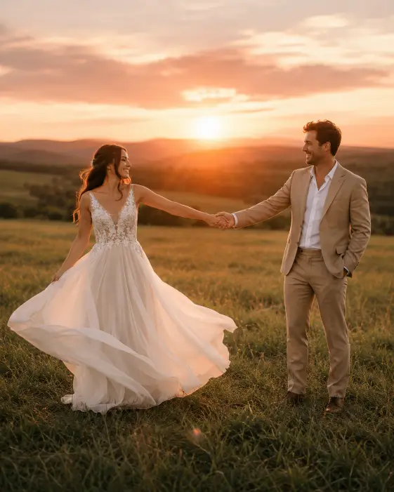 Create a full-length wedding portrait of a newlywed couple standing together in an open green meadow at sunset, the groom holding the bride's hand and gently spinning her toward him. She is in a flowing chiffon gown that catches the breeze, and he is in a tan suit with a white shirt and no tie. Both are laughing naturally, looking at each other. The meadow stretches out behind them with soft rolling hills and a warm glowing sky in shades of amber and pink. The camera is at a slight distance, eye level, capturing their full bodies. Warm golden hour backlight with a dreamy lens flare. Shot with a 50mm lens, cinematic color grading. Use aspect ratio 4:5.