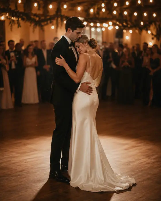Create a romantic wedding photo of a couple sharing their first dance in a softly lit reception hall, the groom holding the bride close with one hand on her waist as she rests her head on his shoulder. She is in a fitted satin gown and he is in a black tuxedo. They are surrounded by warm string lights and blurred guests watching from the edges of the dance floor. A spotlight gently illuminates the couple in the center. The camera is at eye level, slightly wide, capturing the intimate moment. Warm amber tones with soft bokeh from the lights. Shot with a 35mm lens, shallow depth of field. Use aspect ratio 4:5.