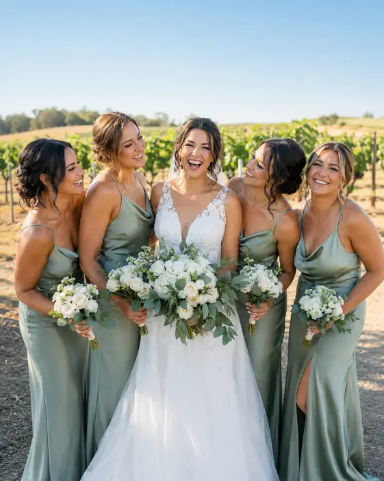 Create a cheerful wedding photo of a bride surrounded by her four bridesmaids, all laughing together outdoors. The bride is in the center in a classic white gown holding her bouquet, and the bridesmaids wear matching sage green satin dresses while holding smaller bouquets. They are posed in a loose, natural cluster, some looking at the bride and some at the camera. The background is a softly blurred vineyard with rows of grapevines under a clear blue sky. The camera is at eye level, wide framing to fit the group. Bright, warm afternoon light with fresh, vibrant tones. Shot with a 35mm lens. Use aspect ratio 4:5.
