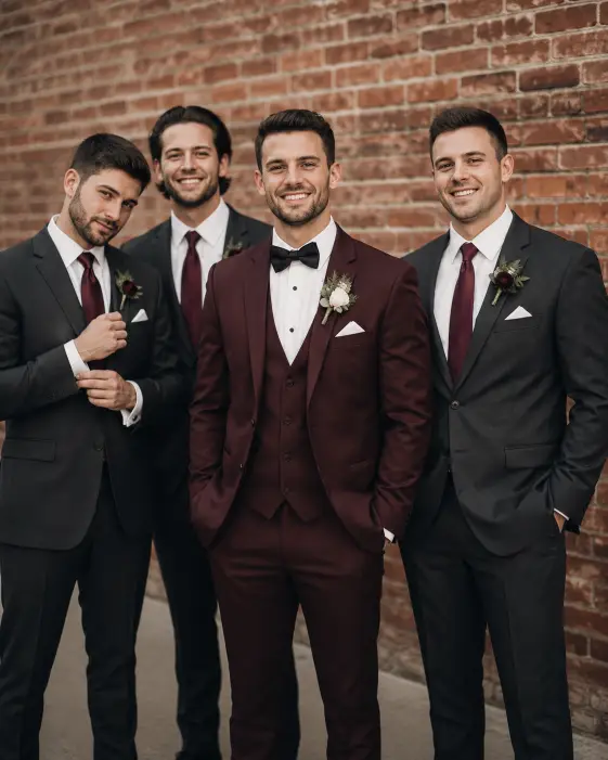 Create a stylish wedding photo of a groom standing with his three groomsmen against a brick wall, all in coordinated outfits with relaxed confident poses. The groom wears a deep burgundy suit with a black bow tie, and the groomsmen wear charcoal gray suits with burgundy ties. One groomsman is adjusting his cufflinks, another has his hands in his pockets, and they all look toward the camera with easy smiles. The background is a textured exposed brick wall in soft focus. The camera is at chest height, slightly angled. Warm, slightly desaturated editorial tones. Shot with a 50mm lens. Use aspect ratio 4:5.