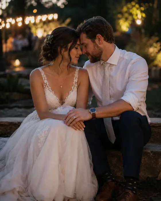 Create a candid wedding photo of a bride and groom sitting quietly together on a stone step away from the celebration, foreheads gently touching with their eyes closed. The bride's gown is slightly gathered as she sits, and the groom has his jacket off with his sleeves rolled up, his hand resting over hers. The background is a softly blurred garden at dusk with warm fairy lights glowing in the distance. The camera is at eye level, slightly off-center for an intimate composition. Soft, warm low light with a calm, tender mood. Shot with a 50mm lens, shallow depth of field. Use aspect ratio 4:5.