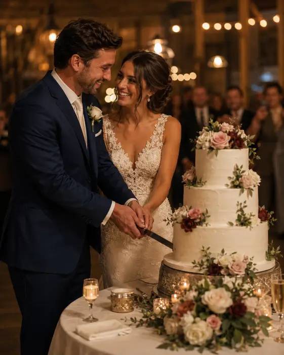 Create a warm wedding photo of a couple cutting their multi-tiered white wedding cake together, both hands on the knife and smiling at each other. The bride is in an elegant lace gown and the groom is in a navy suit. The cake is decorated with fresh flowers and sits on a table draped in white linen with candles and floral arrangements around it. The background is a softly lit reception space with blurred guests and warm hanging lights. The camera is at eye level, capturing them from the side at a slight angle. Warm amber lighting with rich, festive tones. Shot with a 50mm lens. Use aspect ratio 4:5.