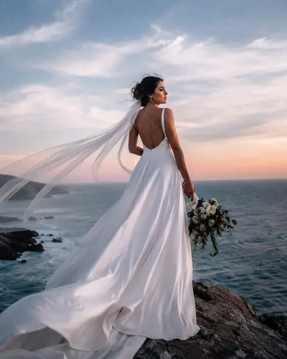Create a dramatic wedding photo of a bride standing alone on a cliffside overlooking the ocean, her long veil and gown billowing dramatically in the wind. She is holding her bouquet at her side and looking out toward the horizon in a graceful three-quarter pose. The gown is a flowing silk A-line style. The background is a vast blue ocean meeting a soft pastel sky at dusk, with rugged coastal rocks below. The camera is at a slightly low angle, capturing her full figure against the sky. Cool, airy tones with soft natural light and a cinematic feel. Shot with a 35mm lens. Use aspect ratio 4:5.