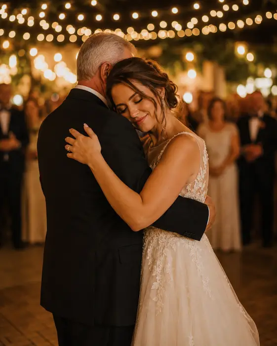 Create an emotional wedding photo of a bride dancing with her father at the reception, her head resting on his shoulder with her eyes closed and a soft smile. She is in a flowing white gown and he is in a classic black suit. They are gently swaying on the dance floor surrounded by warm string lights and blurred guests. A soft glow surrounds them. The camera is at eye level, slightly wide framing. Warm, golden ambient lighting with a sentimental mood and soft bokeh. Shot with an 85mm lens, shallow depth of field. Use aspect ratio 4:5.