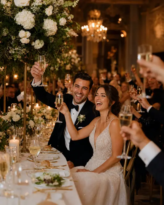 Create a joyful wedding photo of a couple seated at a long reception table raising their champagne glasses during a toast, both laughing warmly. The bride is in a beaded gown and the groom in a black tuxedo. The table is set with white linens, gold flatware, tall floral centerpieces, and flickering candles. Blurred guests around the table raise their glasses too. The background shows a softly lit elegant venue with warm hanging chandeliers. The camera is at eye level, capturing the couple from a slight angle. Rich, warm celebratory tones with sparkling highlights. Shot with a 35mm lens. Use aspect ratio 4:5.