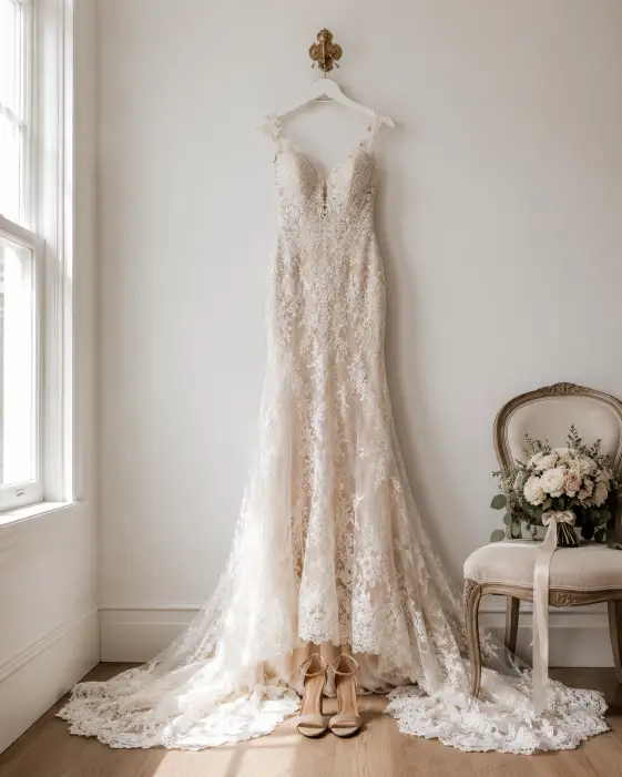 Create a soft, elegant detail photo of a wedding gown hanging on a decorative hook against a plain white wall in a bright room. The gown is a delicate lace fit-and-flare style with intricate beading and a long train pooling gently on the floor. A pair of nude heels sits neatly below it, and a small bouquet rests on a nearby chair. Soft natural light streams in from a window to the side, highlighting the texture of the lace. The camera is at eye level, centered composition. Clean, airy, editorial tones with fine detail. Shot with a 50mm lens. Use aspect ratio 4:5.
