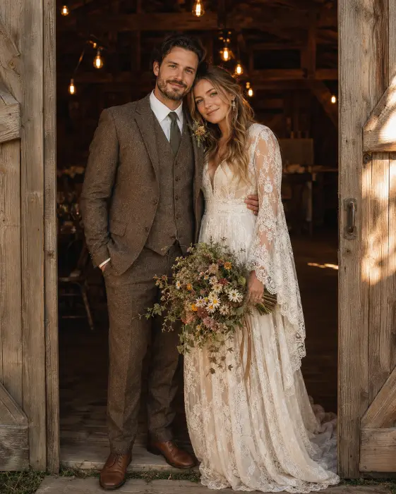 Create a warm wedding portrait of a couple standing in the open doorway of a rustic wooden barn, the groom with his arm around the bride's waist as she leans into him. He is in a brown tweed suit with a vest, and she is in a bohemian lace gown with loose waves in her hair holding a wildflower bouquet. The barn interior glows softly behind them with hanging Edison bulbs and wooden beams. Golden afternoon light spills in from the side. The camera is at eye level, capturing them framed in the doorway. Warm, earthy, rustic tones with soft natural light. Shot with a 50mm lens. Use aspect ratio 4:5.