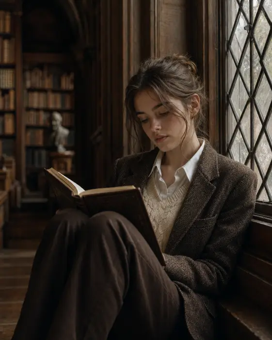 Create a portrait of a young woman sitting in a deep wooden window seat inside an old university library, knees pulled up with an open leather-bound book resting against them. She is wearing a dark brown tweed blazer over a cream knitted vest and a white collared shirt, with her hair tied back loosely and a few strands falling around her face. Her expression is calm and absorbed in reading. Tall arched windows with diamond-paned glass let in soft overcast daylight from the side. The background shows towering wooden bookshelves fading into shadow. Shoot at eye level with a shallow depth of field. Muted, warm brown and sepia tones give it a vintage scholarly mood. Use aspect ratio 4:5.