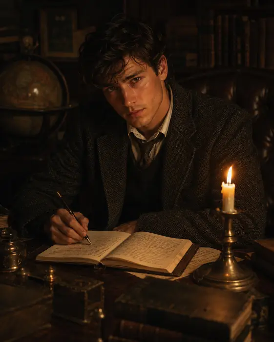Create a moody portrait of a young man seated at a heavy antique writing desk in a dim study, leaning forward with a fountain pen in hand and an old journal open in front of him. He is wearing a charcoal wool sweater under a dark herringbone jacket with a loosened tie. His face is lit warmly from a single brass candlestick on the desk, casting soft shadows. The background is filled with stacked old books, a globe, and a leather chair barely visible in the darkness. The camera is at chest height, angled slightly down. Deep amber and shadowy tones create a quiet, intense atmosphere. Use aspect ratio 4:5.